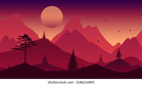 Beautiful landscape with forest, mountains, and sunset in vector format. Trendy illustration for postcards, wallpaper, banners. Panorama view of wild nature. Hand drawn enviroment.