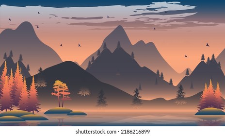 Beautiful landscape with forest, mountains, and sunset in vector format. Trendy illustration for postcards, wallpaper, banners. Panorama view of wild nature. Hand drawn enviroment.