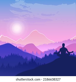 Beautiful landscape with forest, mountains, and sunset in vector format. Trendy illustration for postcards, wallpaper, banners. Panorama view of wild nature. Hand drawn enviroment.