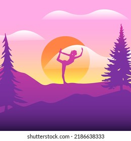 Beautiful landscape with forest, mountains, and sunset in vector format. Trendy illustration for postcards, wallpaper, banners. Panorama view of wild nature. Hand drawn enviroment.