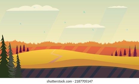 Beautiful landscape with forest, mountains, and sunset in vector format. Trendy illustration for postcards, wallpaper, banners. Panorama view of wild nature. Hand drawn enviroment.