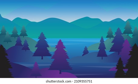 Beautiful landscape of forest and trees silhouette, mountains and blue sky vector illustration.