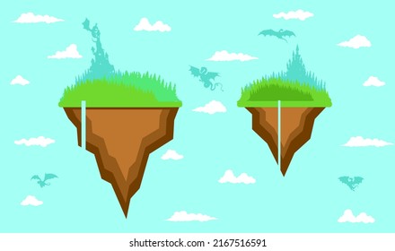 A beautiful landscape with a forest and wild animals against the backdrop of an ancient castle. Modern landscape illustration for banners, posters, cards, wall decor for kids room.