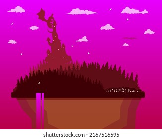 A beautiful landscape with a forest and wild animals against the backdrop of an ancient castle. Modern landscape illustration for banners, posters, cards, wall decor for kids room.