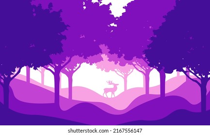 A beautiful landscape with a forest and wild deer. Modern landscape illustration for banners, posters, cards, wall decor for kids room.