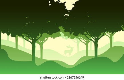 A beautiful landscape with a forest and wild deer. Modern landscape illustration for banners, posters, cards, wall decor for kids room.