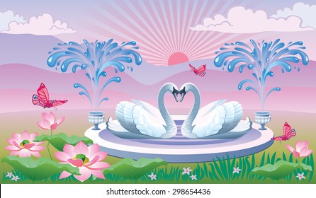Beautiful landscape with a fountain and swans