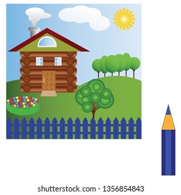 Beautiful landscape with a good lodge from logs with a bed of multi-colored flowers, green trees, the sun, clouds and the accurate fencing drawn with a blue pencil. Vector illustration.