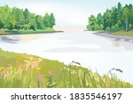 Beautiful landscape; green forest and smooth river view