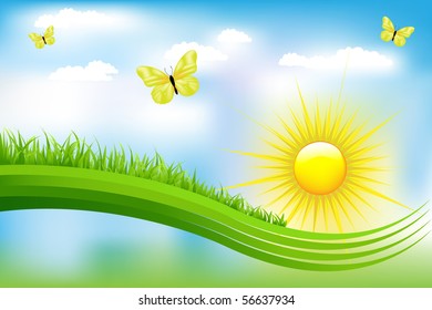 Beautiful Landscape With Green Grass And Blue Sky, Clouds, Sun And Butterfly