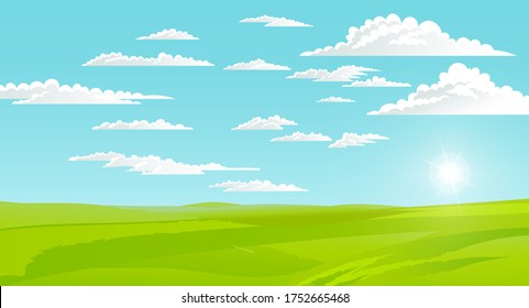 Beautiful landscape with green lawn and skyline with clouds, shining sun. Summer time, nobody. Greenery of summer. Summer scenery, horizontal view of rural scene. Calm nature, hot weather, morning