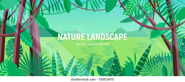 Beautiful landscape with green leaves of tropical trees and plants growing in exotic rainforest or jungle against lake, hills and sky on background. Horizontal backdrop. Cartoon vector illustration.