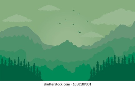 beautiful landscape green scene with mountains and trees vector illustration design