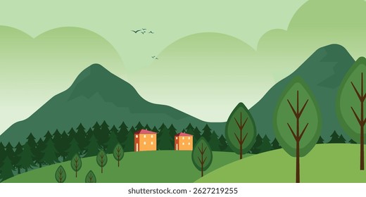 Beautiful landscape of a green valley with hills, trees and bushes. Country house near the river. Blue sky and clouds.