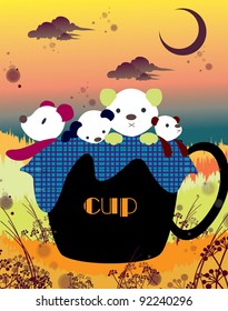 Beautiful Landscape and Happy Picnic - with cute teddy bears in a black cup at the natural garden on a background of the red sunset sky : vector illustration