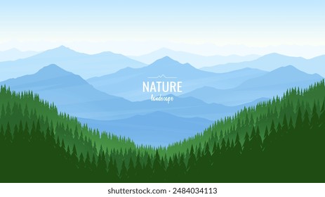 A beautiful landscape with high mountain ranges and dense forest. Clear blue sky. Sunrise in the mountains. Travel concept. Nature landscape. Vector illustration.