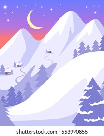 Beautiful landscape of high snowy white mountains and moon with bright stars on blue sky. Vector background with gray forest and far away cottage houses on hilly field. Among pitch grow fir trees