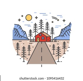 Beautiful landscape with highway leading to house in forest surrounded by spruce trees and mountains. Road trip or adventure travel location. Colorful vector illustration in modern line art style