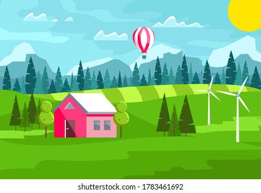 Beautiful Landscape house with balloon summer - Vector Illustration.