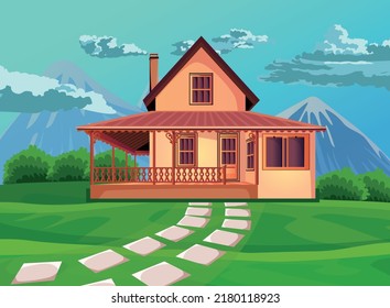 Beautiful landscape, A house in a beautiful green garden