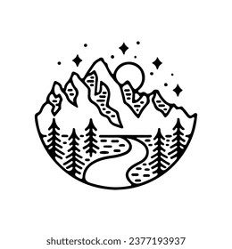 beautiful landscape icon or symbol drawn with contour lines on white background. Beautiful linear natural landscape. Monochrome vector illustration in lineart style.
