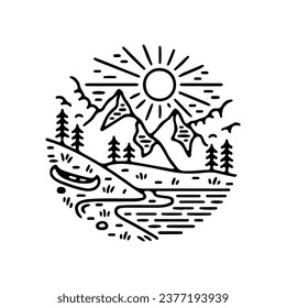 beautiful landscape icon or symbol drawn with contour lines on white background. Beautiful linear natural landscape. Monochrome vector illustration in lineart style.