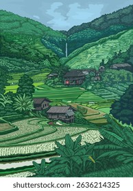Beautiful Landscape, Idyllic Mountain Village Surrounded by Rice Terraces and Waterfall, Vector Illustration style.