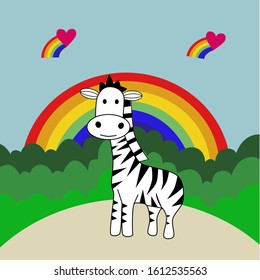 beautiful landscape illustartion with zebra cartoon, rainbow and love icon. for wallpaper and background. eps 10