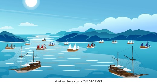 Beautiful landscape illustration of blue sea and hills on a sunny day with phinisi boat sailing. 