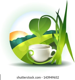Beautiful landscape illustration with cup and leafs.