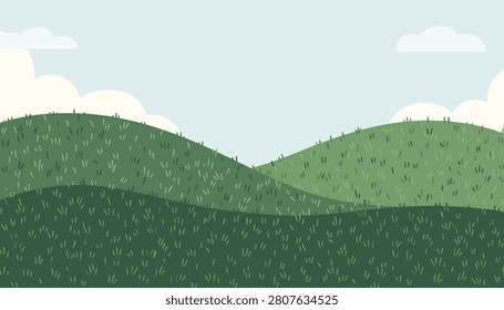 Beautiful landscape illustration features rolling green hills covered in soft grass under a pale blue sky with gentle white clouds.