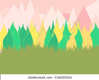 Beautiful landscape illustration in flat style with mountains, forest and grass. Background for summer camp, nature tourism, eco life, travel design concept.