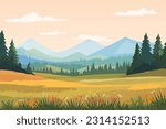 Beautiful landscape illustration, peaceful warm day, clouds over mountains, field with flowers and forest. The concept of travel, hiking, outdoor activities and adventure.