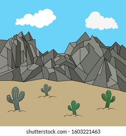 Beautiful Landscape illustration with rock mountain, Cactus, and desert. for wallpaper and background. EPS 10