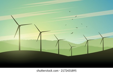 Beautiful landscape illustration with wind turbines at sunset. Green power of future. Energy concept background with wind turbine. Vector stock.