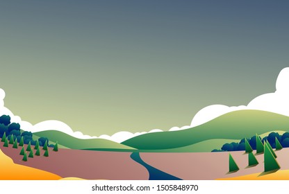 Beautiful landscape illustrations in a cool and comfortable village atmosphere. for backgrounds, websites, banners and cards