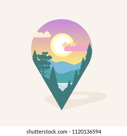 Beautiful landscape inside of geotag. Vector icon