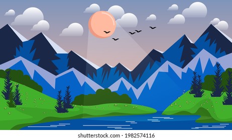 beautiful landscape. a lake among the hills with grass, flowers, coniferous trees against the background of a forest, hills, mountains, the sky with the sun, clouds, silhouettes of flying birds.vector