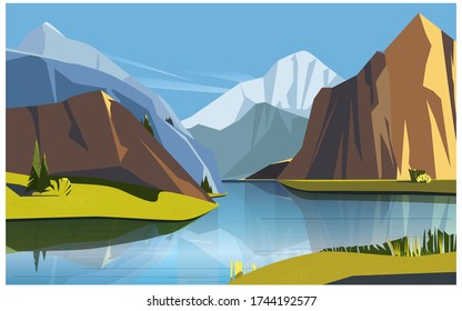 Beautiful landscape with lake and mountains at sunny day. Vector eps illustration