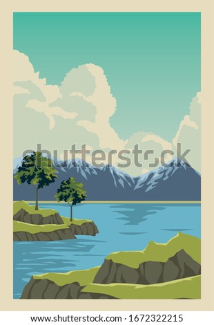beautiful landscape with lake scene vector illustration design
