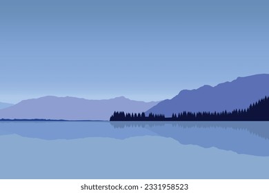 Beautiful landscape with lake. Vector illustration in flat style.