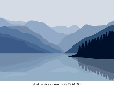 Beautiful landscape with lake. Vector illustration in flat style.