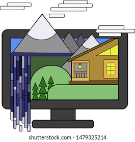 it is a beautiful landscape with a large waterfall, incredible mountains and a cozy house with great views