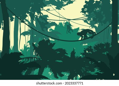 Beautiful landscape: life in the jungle. Monkeys on palm trees and vines. Tropical background. Vector illustration.