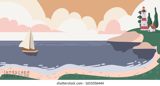 Beautiful landscape with lighthouse by sea. Flat design. Trendy vector illustration.