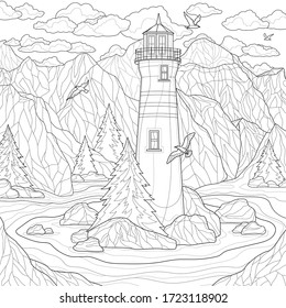 
Beautiful landscape. A lighthouse on a background of mountains, and seagulls flying around.Coloring book antistress for children and adults. Illustration isolated on white background. Outline style.