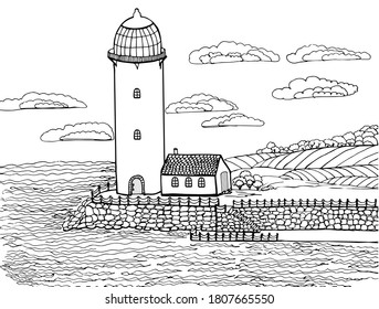 Beautiful landscape. Lighthouse on the background of the sea and sky with clouds. Anti stress coloring book for children and adults. illustration isolated on a white background. Contour style.