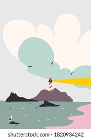 Beautiful landscape with lighthouse, sea, clouds and seagull. Flat vector illustration.