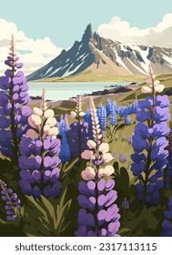 Beautiful landscape with lupines and mountains. Vector illustration.