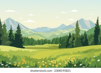 Beautiful landscape. A magnificent forest glade of flowers with stunning mountains in the background. Beautiful vector illustration of a summer day in nature